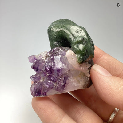 Jade Bear Carving with Rhodonite Fish on Amethyst Base
