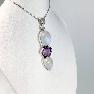 Rainbow Moonstone and Raw Amethyst Pendant