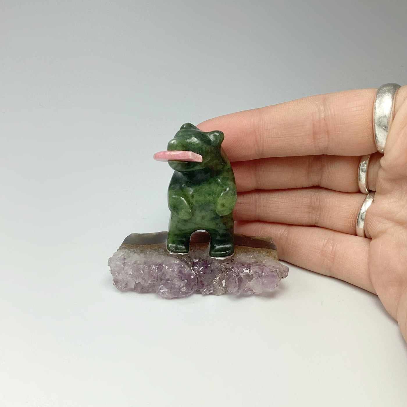 Jade Bear Carving with Rhodonite Fish on Amethyst Base