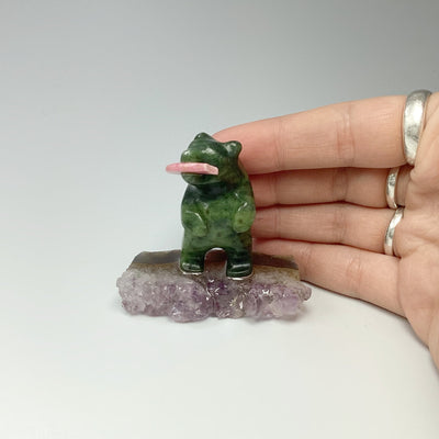 Jade Bear Carving with Rhodonite Fish on Amethyst Base