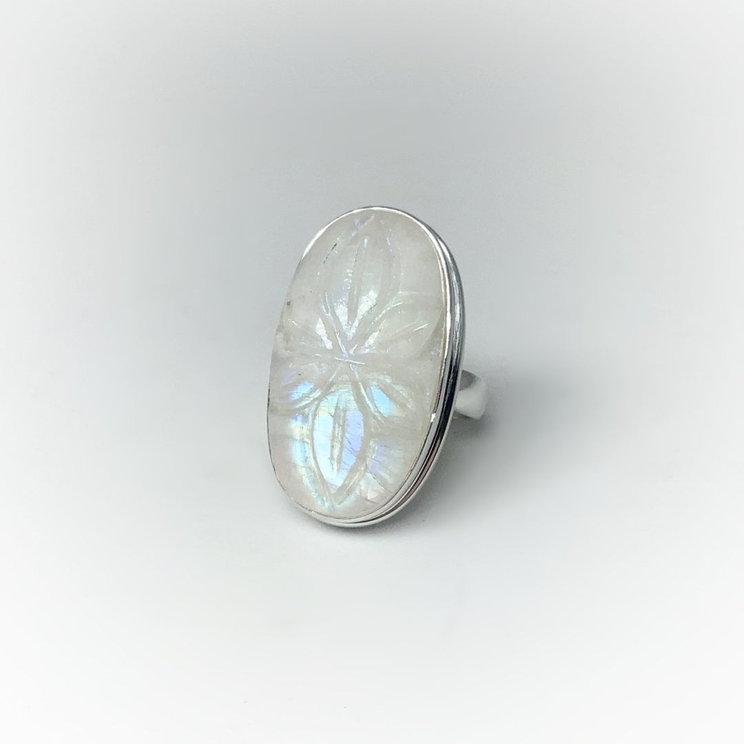 Rainbow Moonstone Flower Carving Ring - Rocks and Gems Canada
