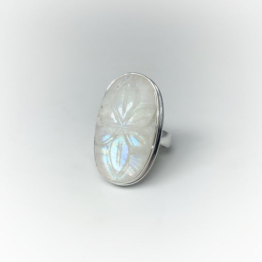 Rainbow Moonstone Flower Carving Ring - Rocks and Gems Canada
