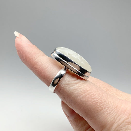 Rainbow Moonstone Flower Carving Ring - Rocks and Gems Canada