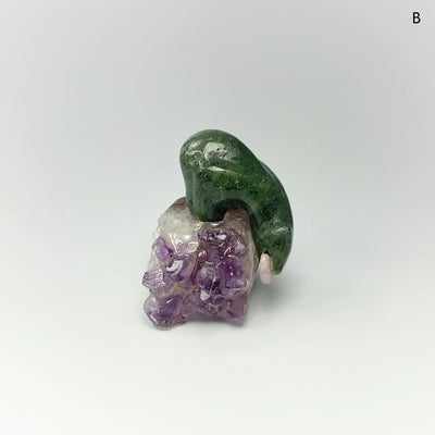 Jade Bear Carving with Rhodonite Fish on Amethyst Base