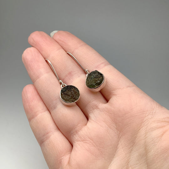 Moldavite Round Dangle Earrings - Rocks and Gems Canada