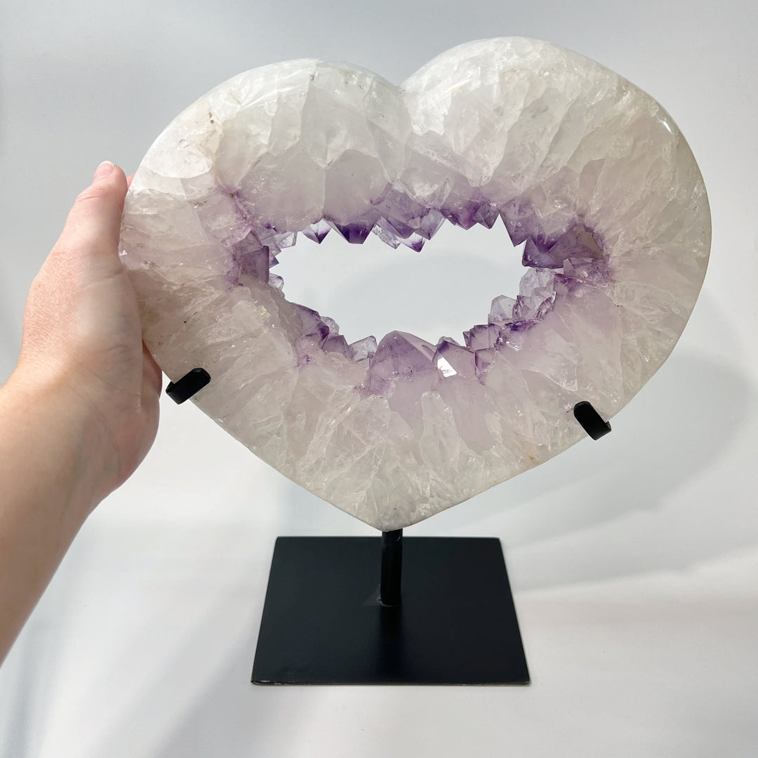 Amethyst Geode Heart Carving on Display Stand - Rocks and Gems Canada
