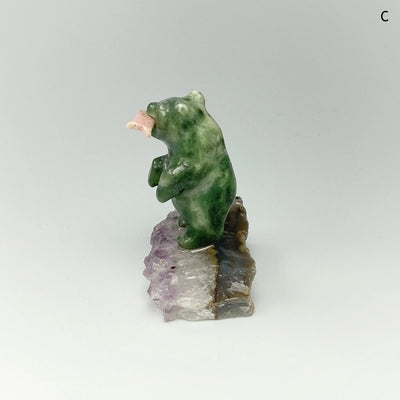 Jade Bear Carving with Rhodonite Fish on Amethyst Base