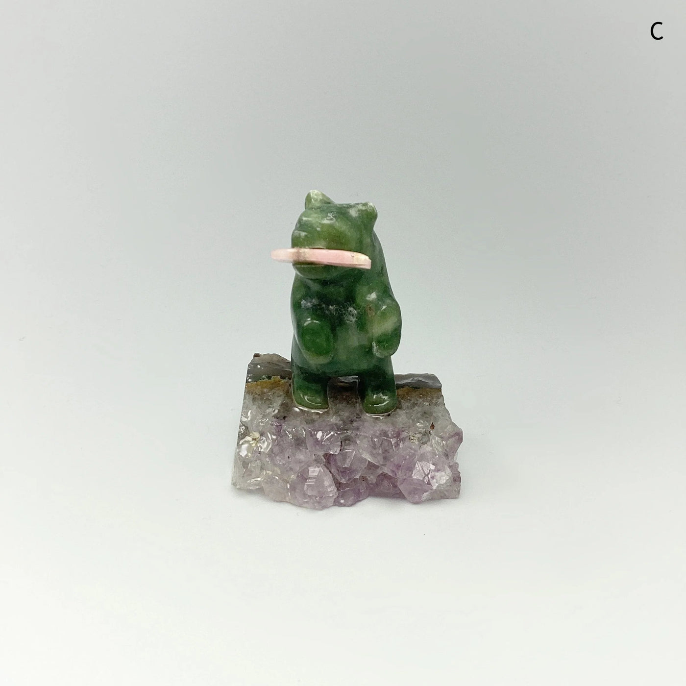 Jade Bear Carving with Rhodonite Fish on Amethyst Base