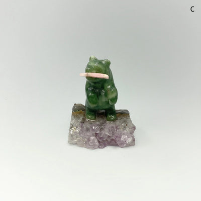 Jade Bear Carving with Rhodonite Fish on Amethyst Base