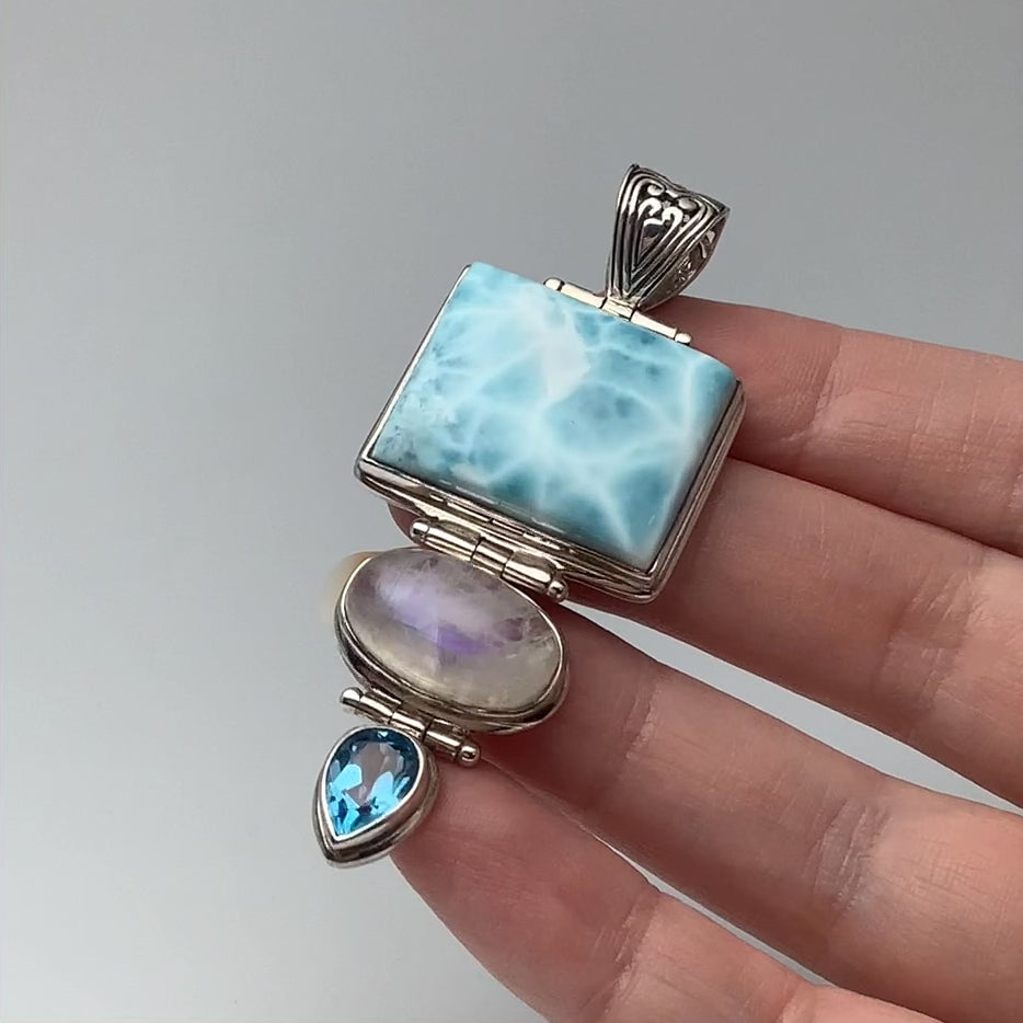 Larimar, Rainbow Moonstone and Blue Topaz Pendant