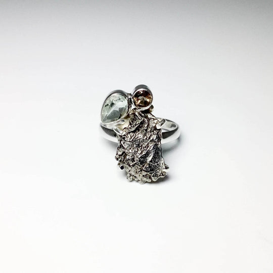 Campo Del Cielo Meteorite, Green Amethyst and Smoky Quartz Ring-Rocks and Gems Canada