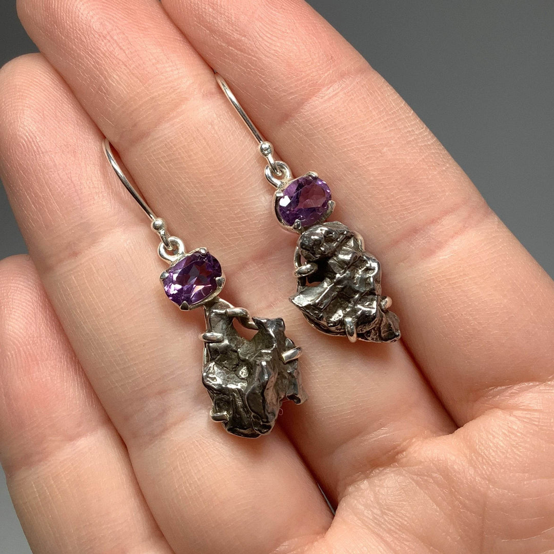 Campo Del Cielo Meteorite and Faceted Amethyst Dangle Earrings-Rocks and Gems Canada