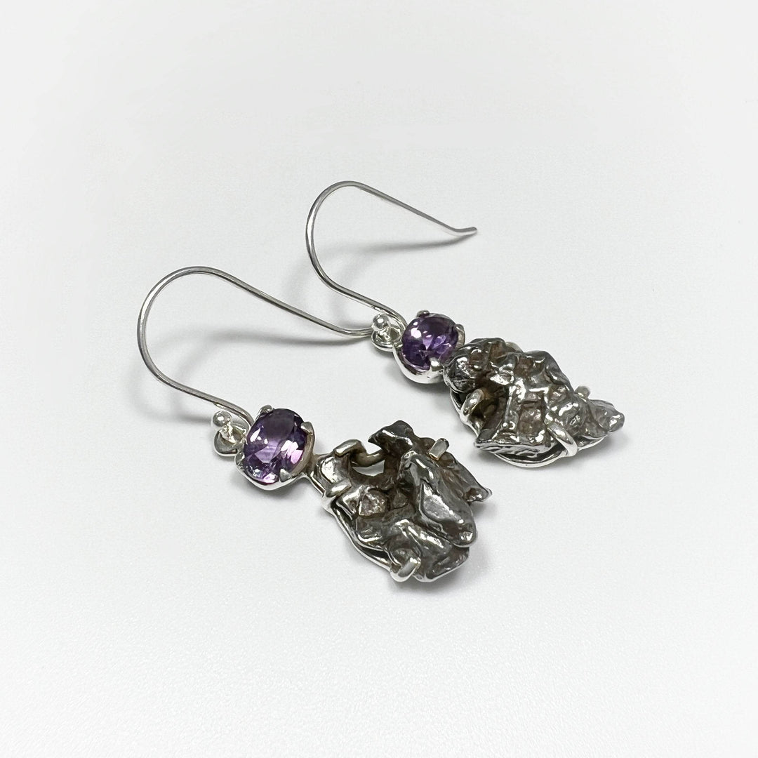 Campo Del Cielo Meteorite and Faceted Amethyst Dangle Earrings-Rocks and Gems Canada