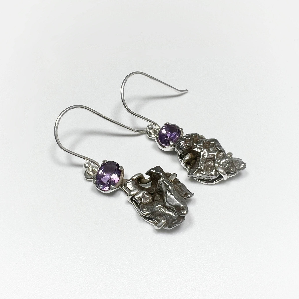Campo Del Cielo Meteorite and Faceted Amethyst Dangle Earrings-Rocks and Gems Canada