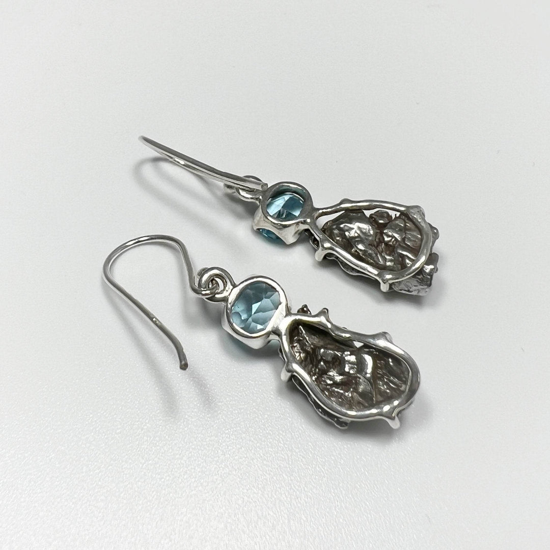 Campo Del Cielo Meteorite and Faceted Blue Topaz Dangle Earrings-Rocks and Gems Canada