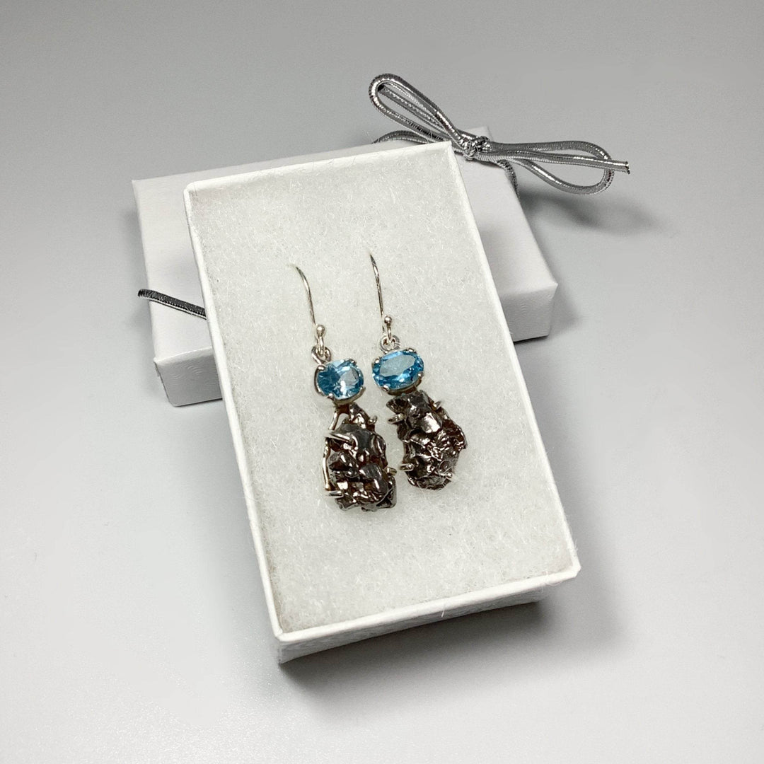 Campo Del Cielo Meteorite and Faceted Blue Topaz Dangle Earrings-Rocks and Gems Canada