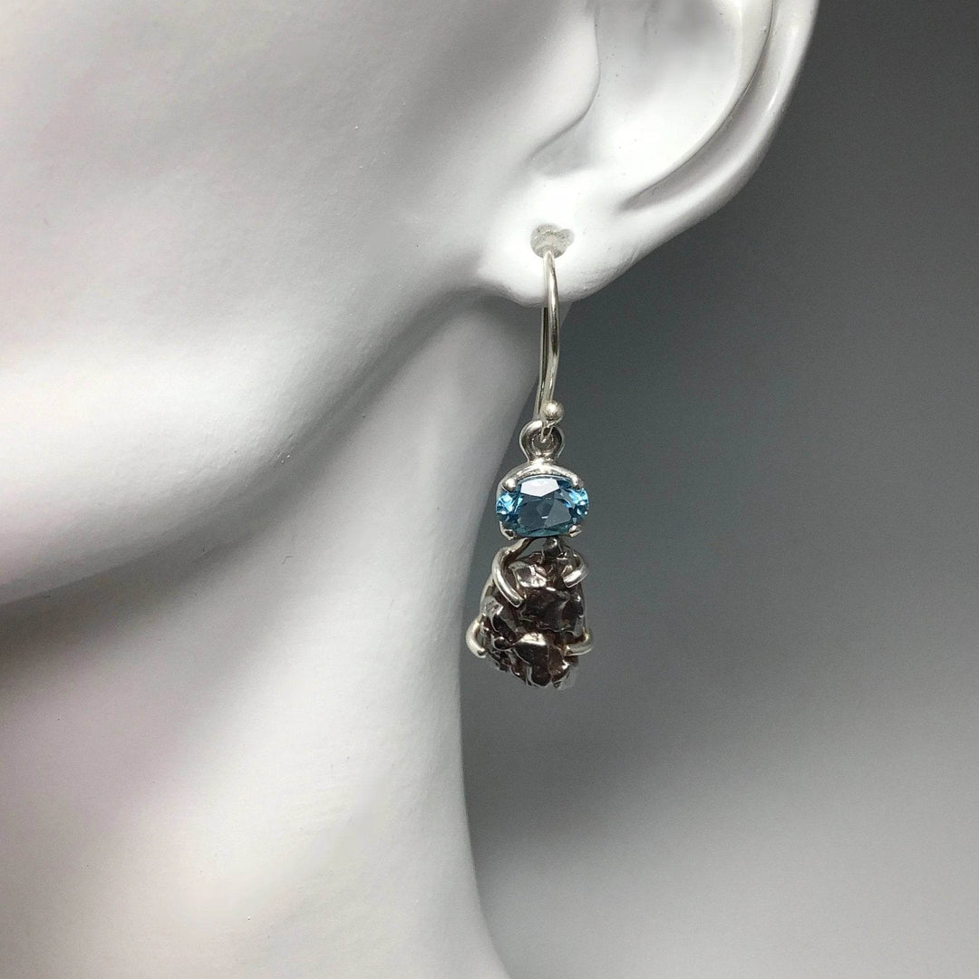 Campo Del Cielo Meteorite and Faceted Blue Topaz Dangle Earrings-Rocks and Gems Canada