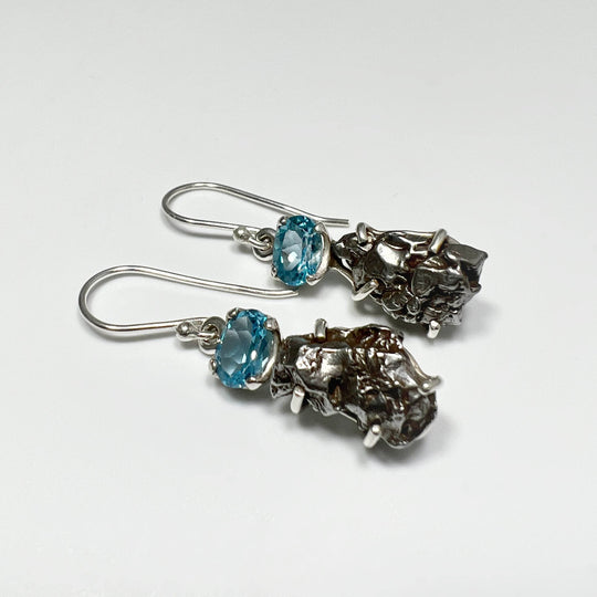 Campo Del Cielo Meteorite and Faceted Blue Topaz Dangle Earrings-Rocks and Gems Canada