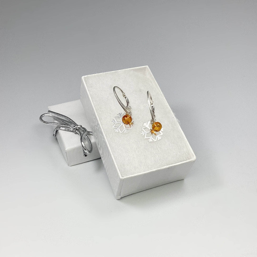 Cognac Amber Snowflake Dangle Earrings-Rocks and Gems Canada