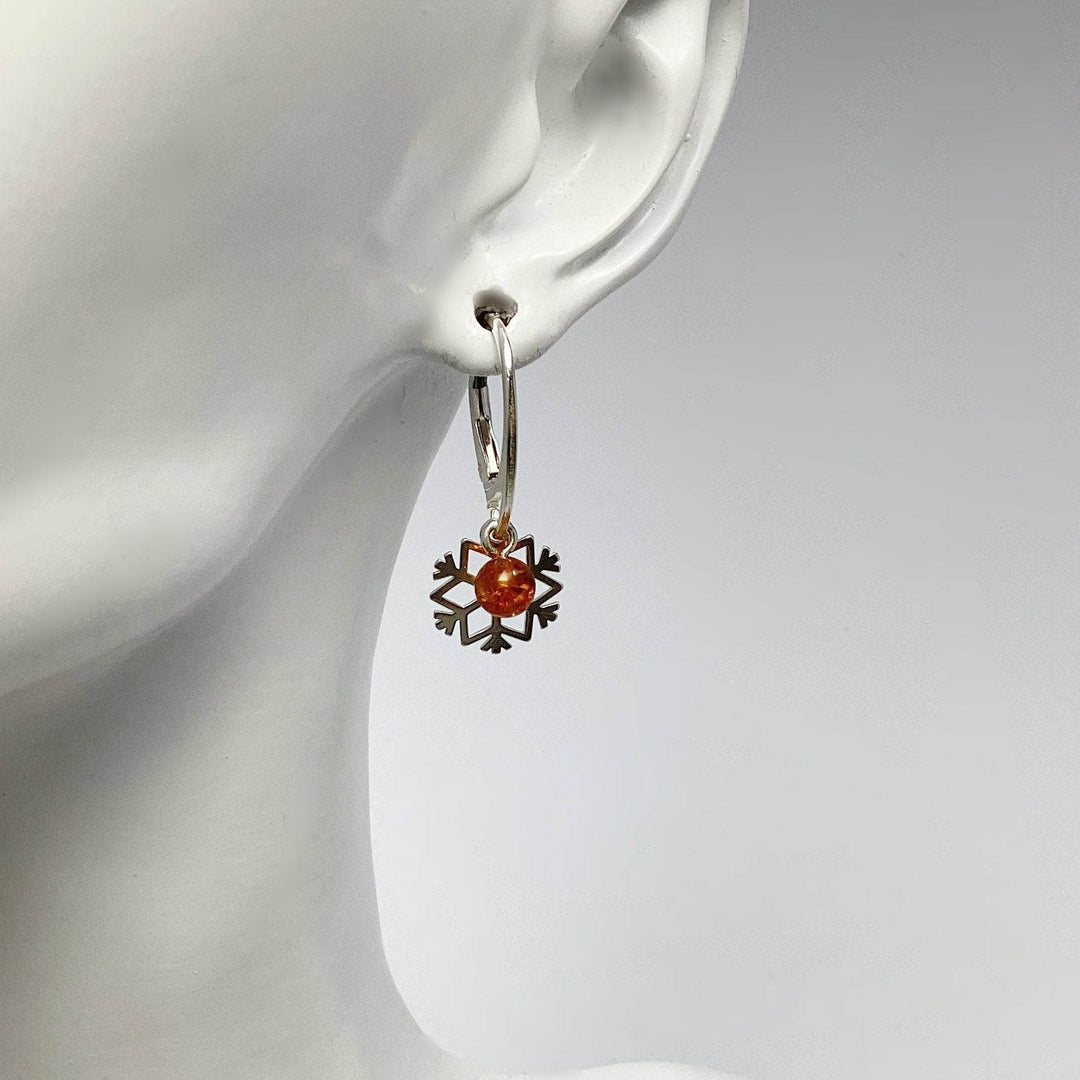 Cognac Amber Snowflake Dangle Earrings-Rocks and Gems Canada