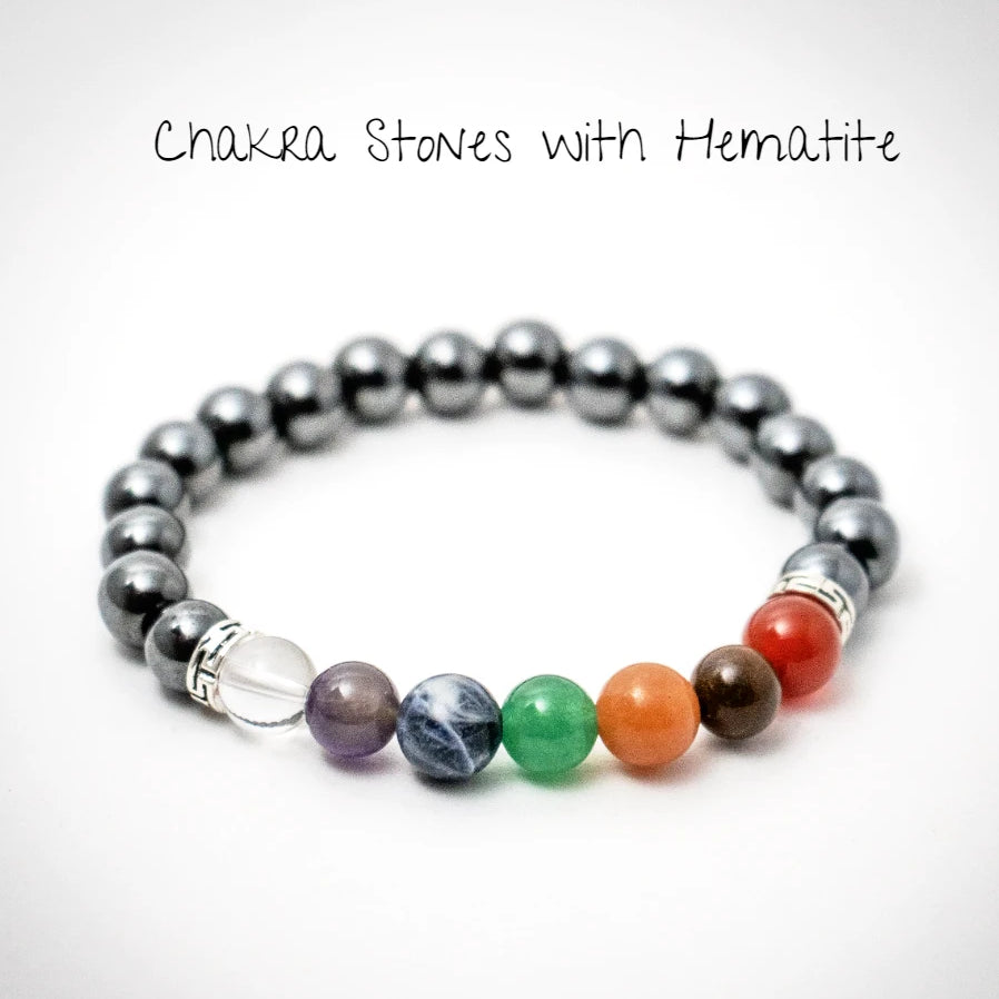 Chakra Beaded Bracelet Featuring Lava Stone or Hematite