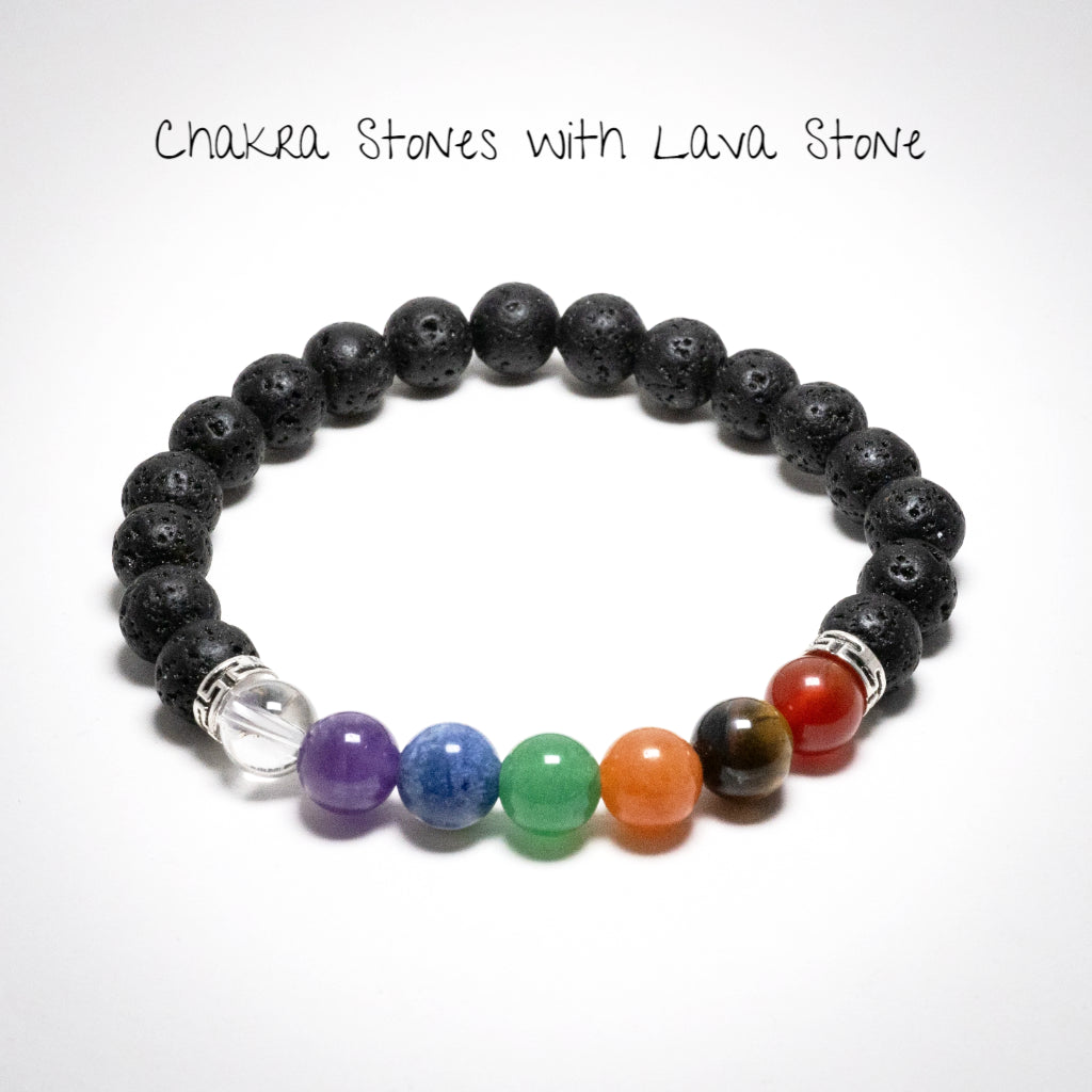 Chakra Beaded Bracelet Featuring Lava Stone or Hematite