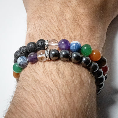 Chakra Beaded Bracelet Featuring Lava Stone or Hematite