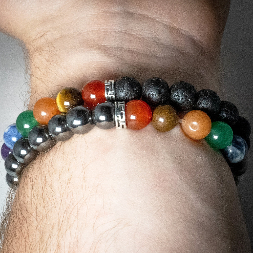 Chakra Beaded Bracelet Featuring Lava Stone or Hematite