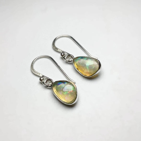 Ethiopian Fire Opal Freeform Faceted Dangle Earrings-Rocks and Gems Canada