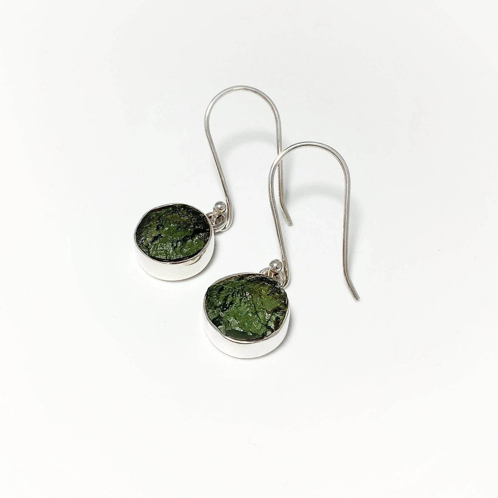 Moldavite Round Dangle Earrings-Rocks and Gems Canada