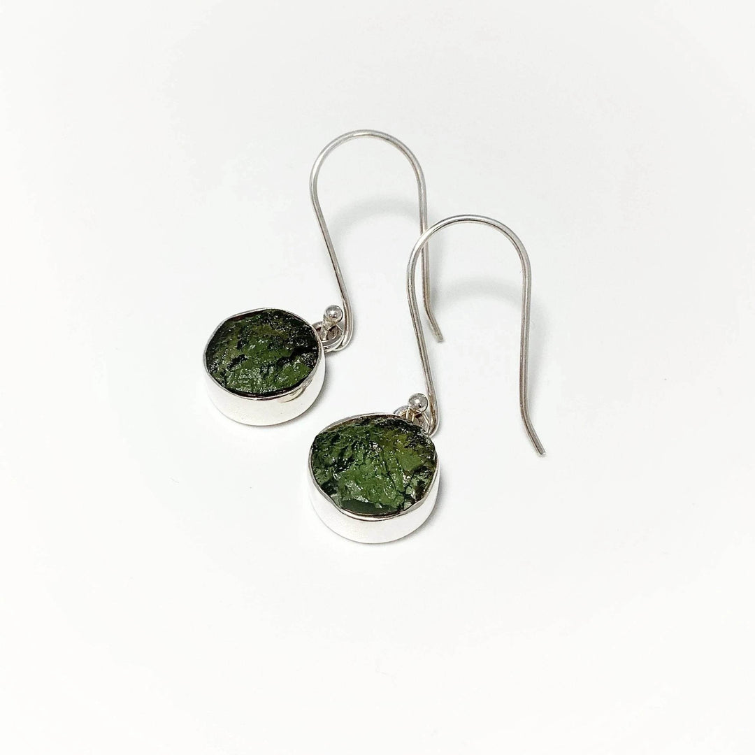 Moldavite Round Dangle Earrings-Rocks and Gems Canada