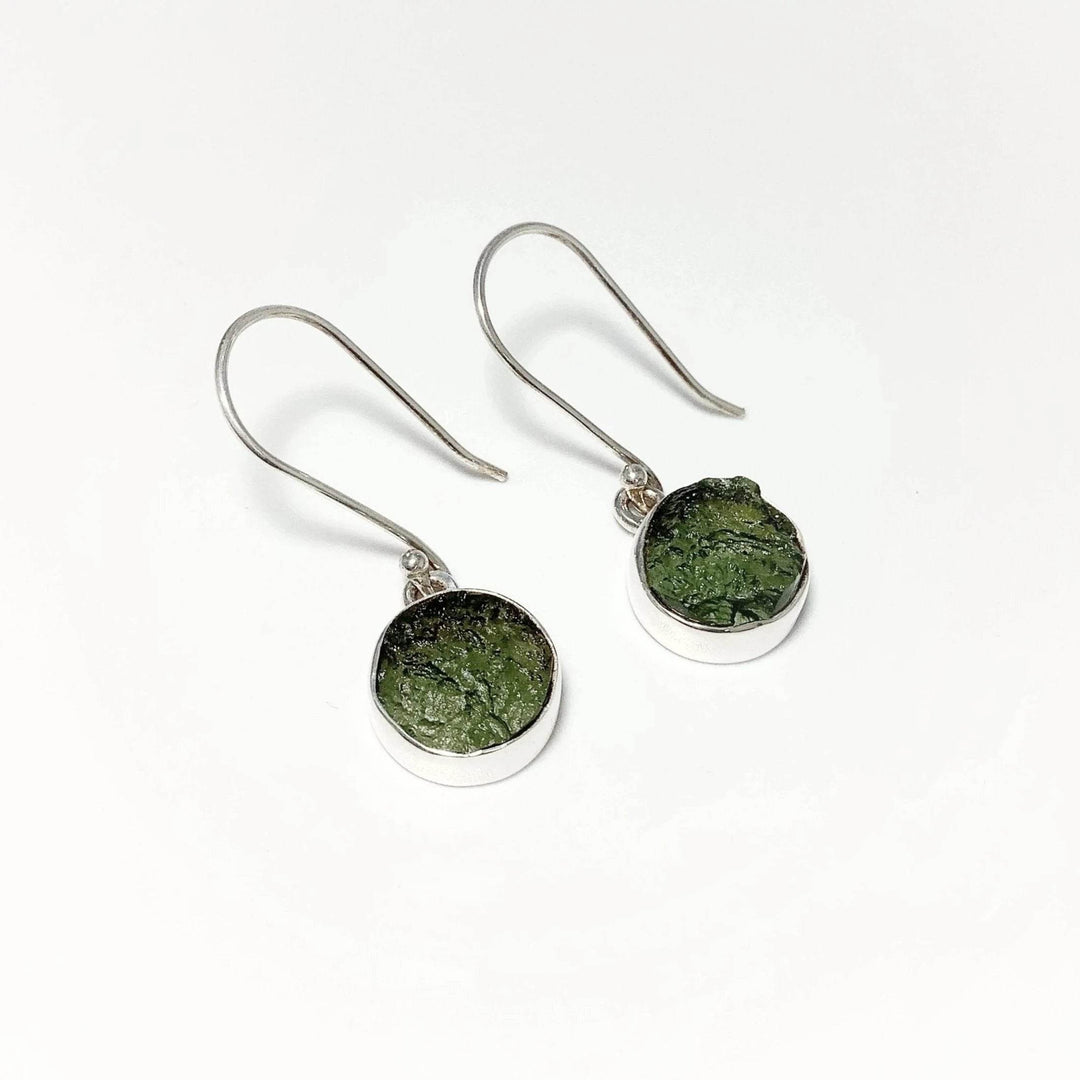 Moldavite Round Dangle Earrings-Rocks and Gems Canada