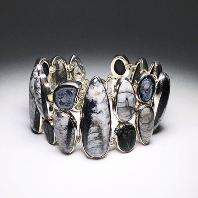 Sterling Silver Mixed Fossils & Stone Bracelet: Geode, Orthoceras, Trilobite