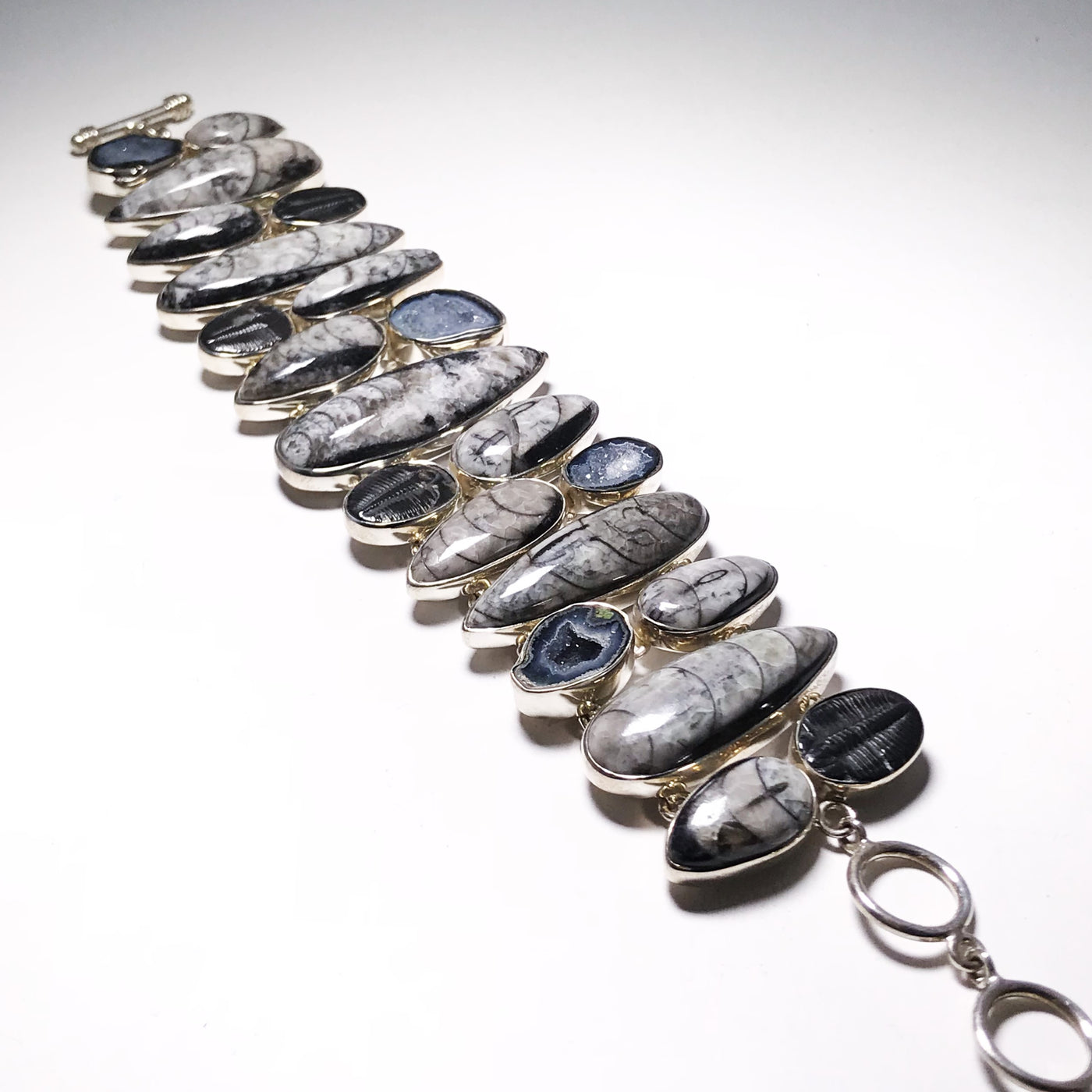 Sterling Silver Mixed Fossils & Stone Bracelet: Geode, Orthoceras, Trilobite