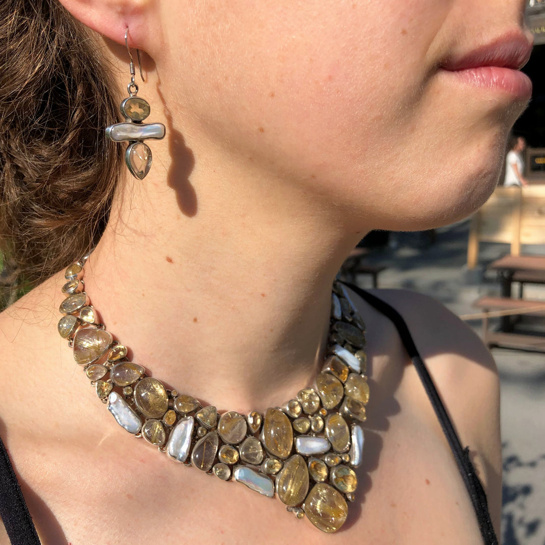 Rutilated Quartz, Citrine and Pearl Necklace and Earrings Set - Rocks and Gems Canada