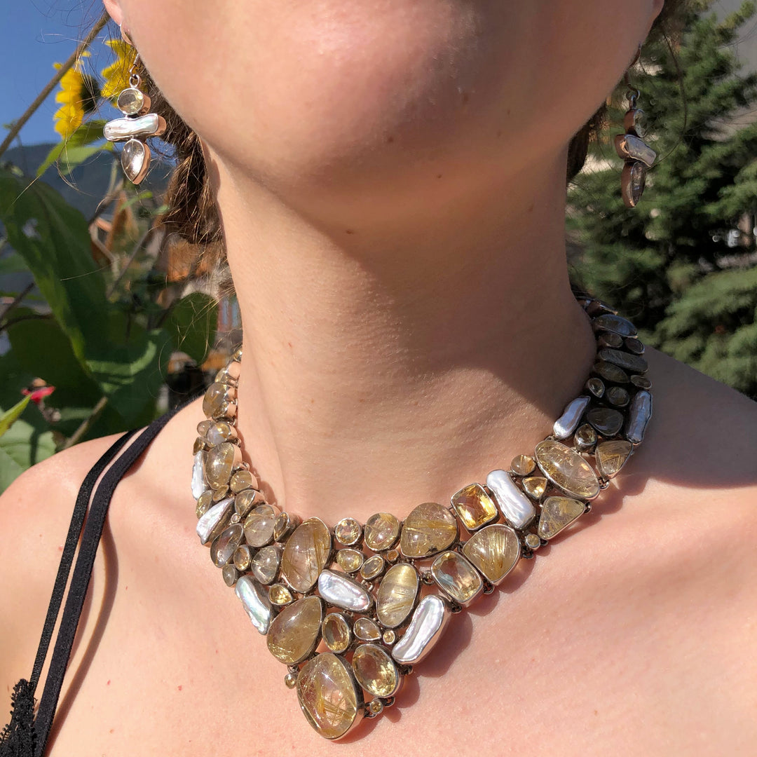Rutilated Quartz, Citrine and Pearl Necklace and Earrings Set - Rocks and Gems Canada