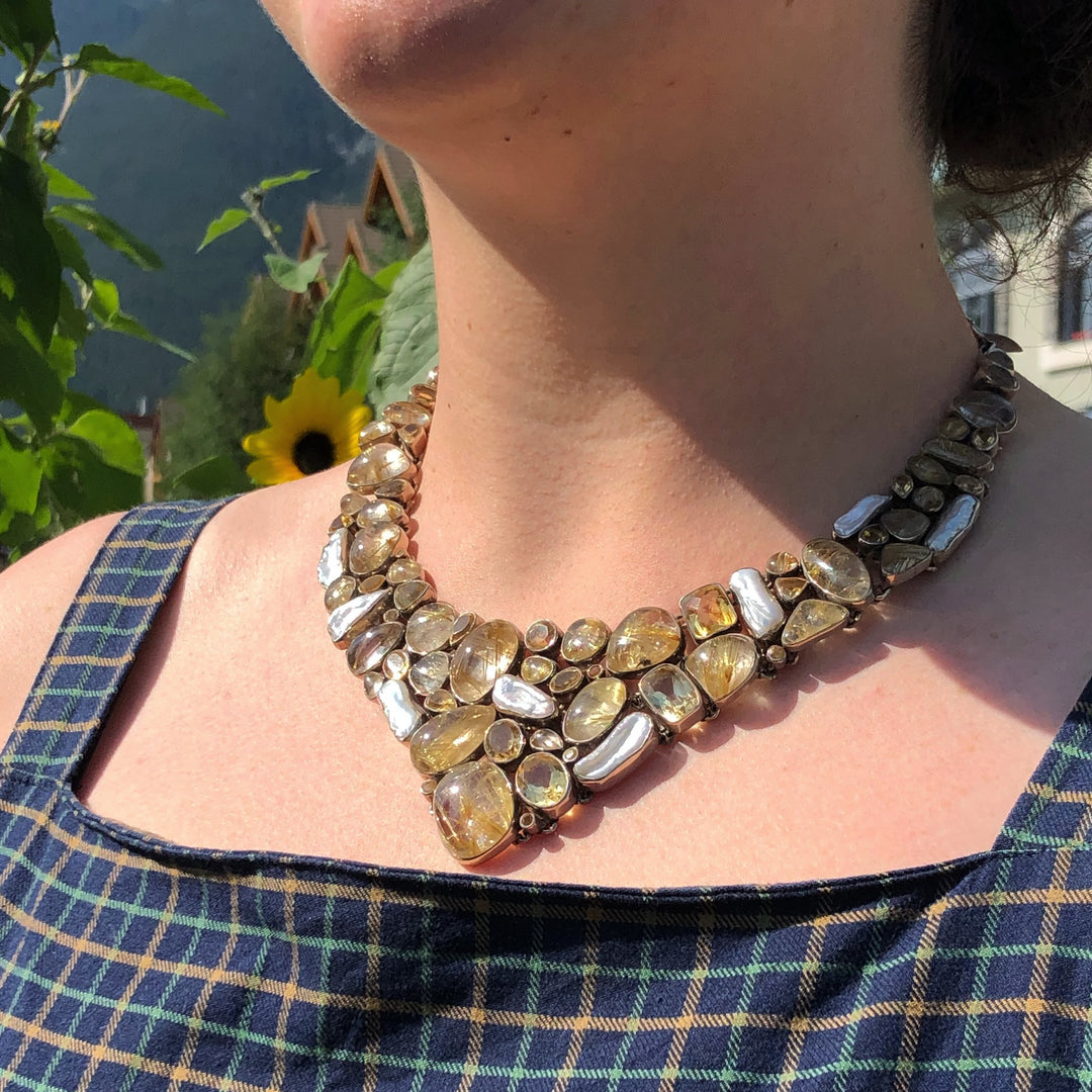 Rutilated Quartz, Citrine and Pearl Necklace and Earrings Set - Rocks and Gems Canada