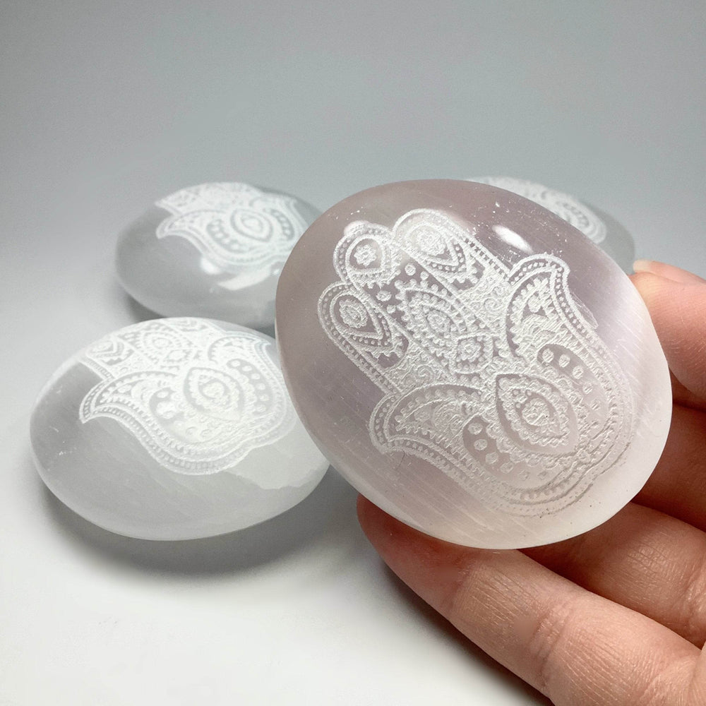 Selenite Palm Stone with Fatima Hand Engraving-Rocks and Gems Canada