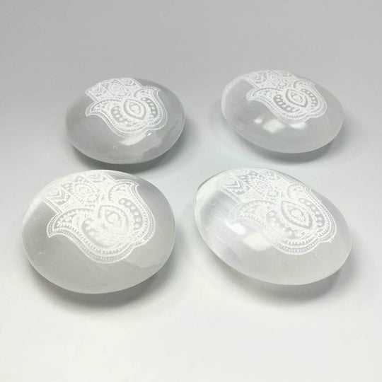 Selenite Palm Stone with Fatima Hand Engraving-Rocks and Gems Canada