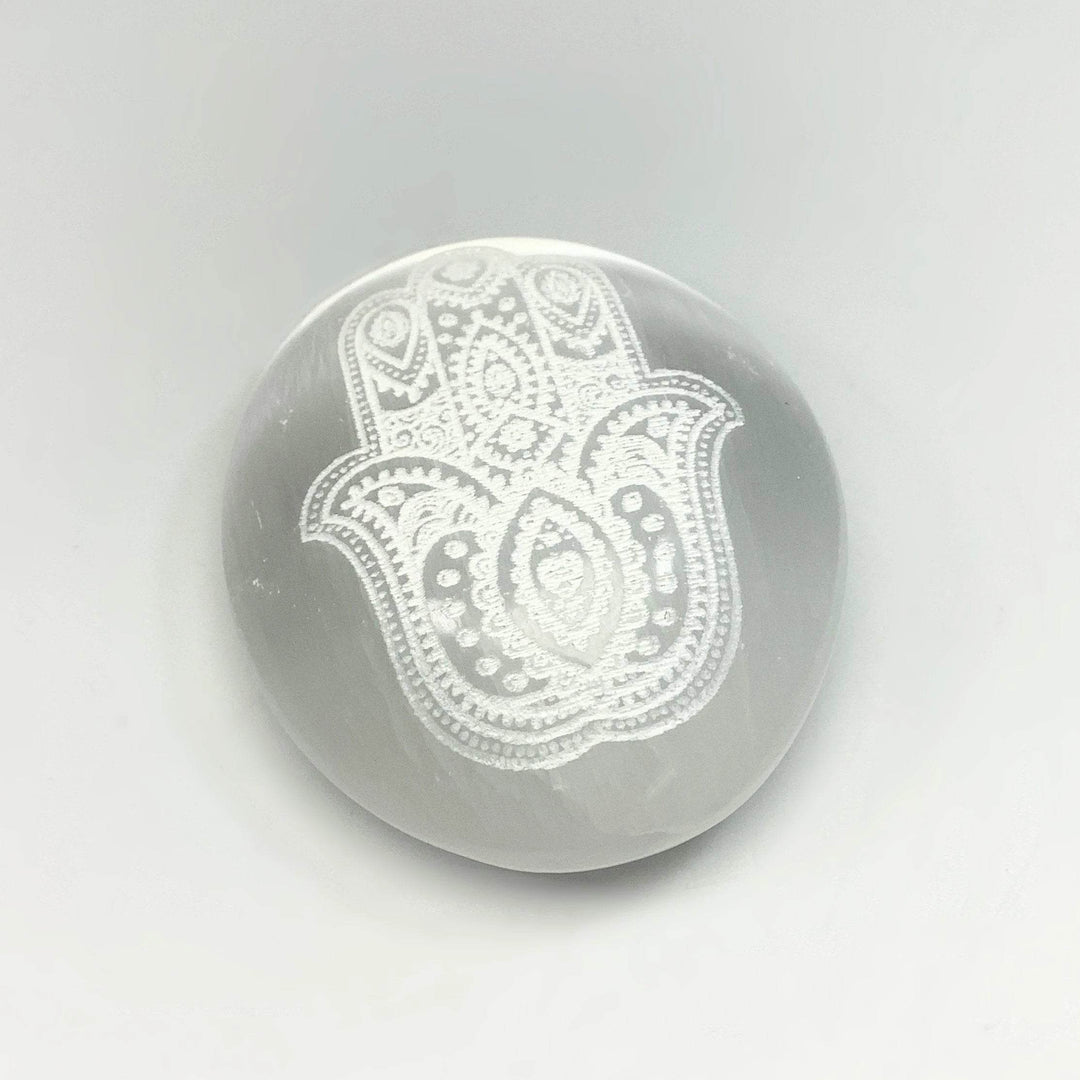 Selenite Palm Stone with Fatima Hand Engraving-Rocks and Gems Canada