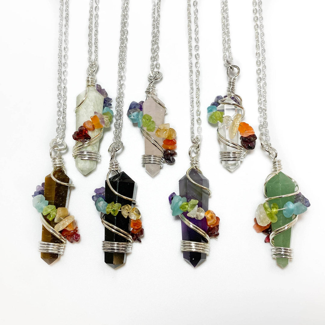 Wire Wrapped Round Point Necklace with Chakra-Rocks and Gems Canada