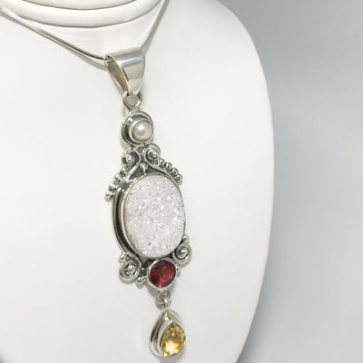 Druzy, Garnet, Citrine and Pearl Pendant