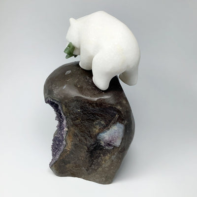 Star Marble Bear Carving with Canadian Jade Fish on Amethyst Base
