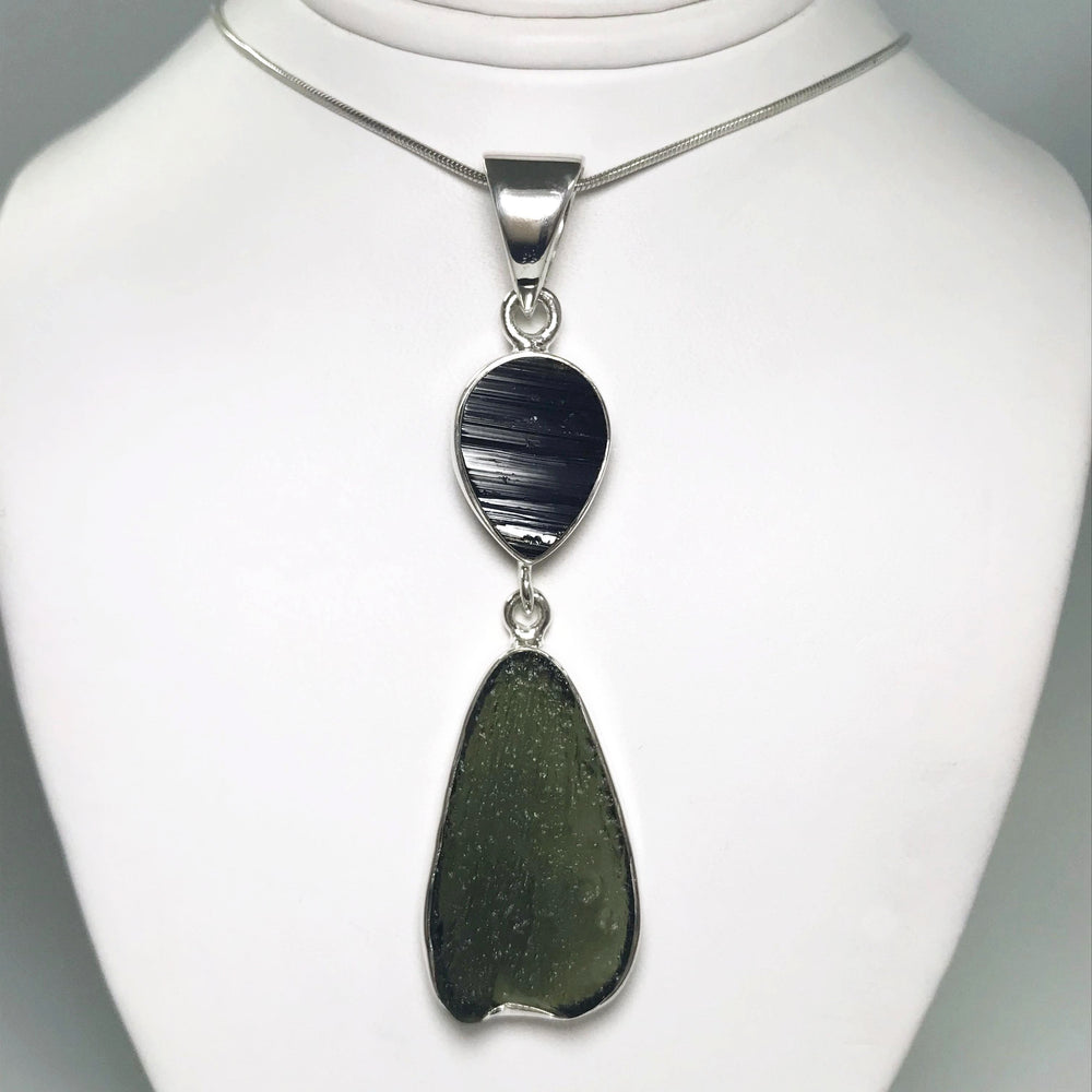 Moldavite with Black Tourmaline Pendant - Rocks and Gems Canada