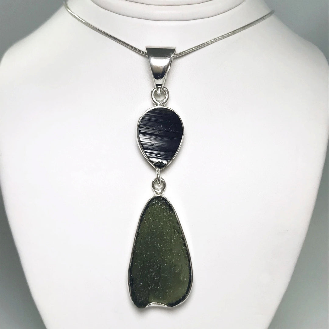 Moldavite with Black Tourmaline Pendant - Rocks and Gems Canada