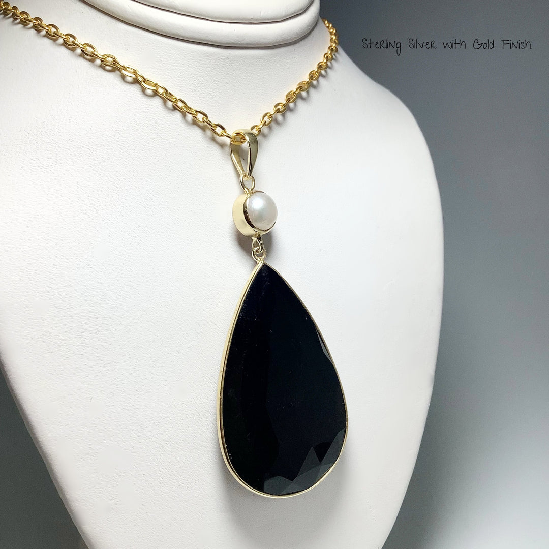 Faceted Black Onyx and Pearl Pendant - Rocks and Gems Canada