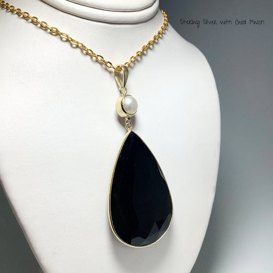 Faceted Black Onyx and Pearl Pendant - Rocks and Gems Canada