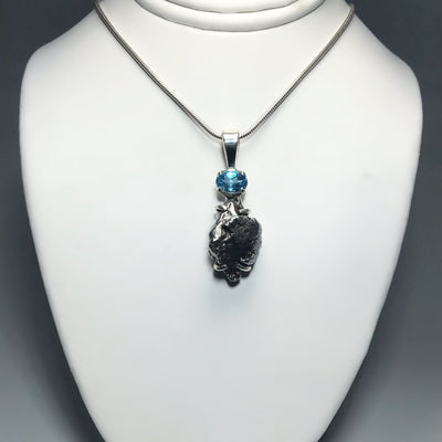 Campo Del Cielo Meteorite and Faceted Blue Topaz Pendant