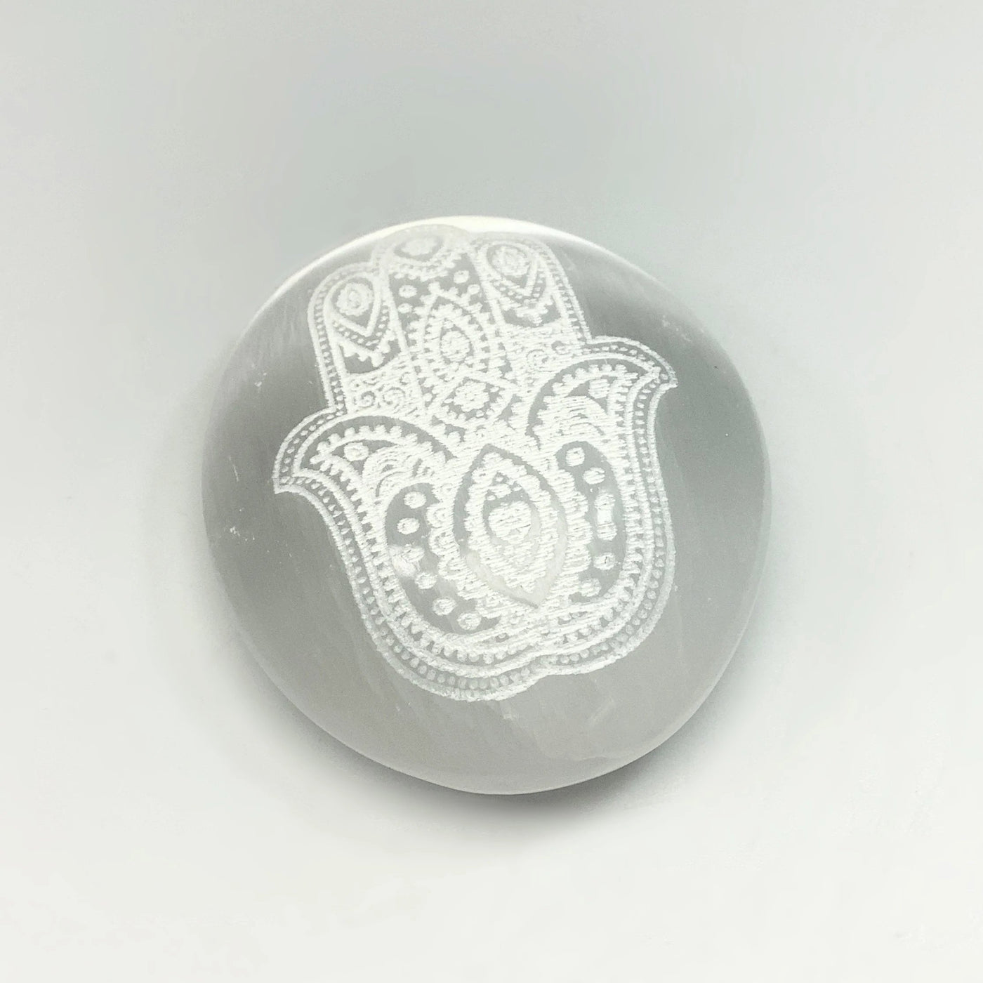 Selenite Palm Stone with Fatima Hand Engraving