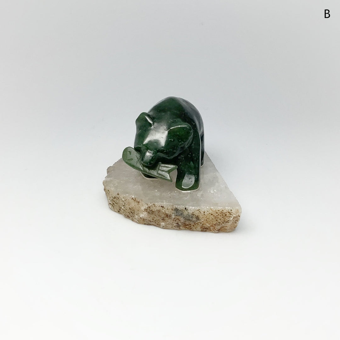 BC Jade Bear with Fish Carving on Natural Agate Base - Rocks and Gems Canada